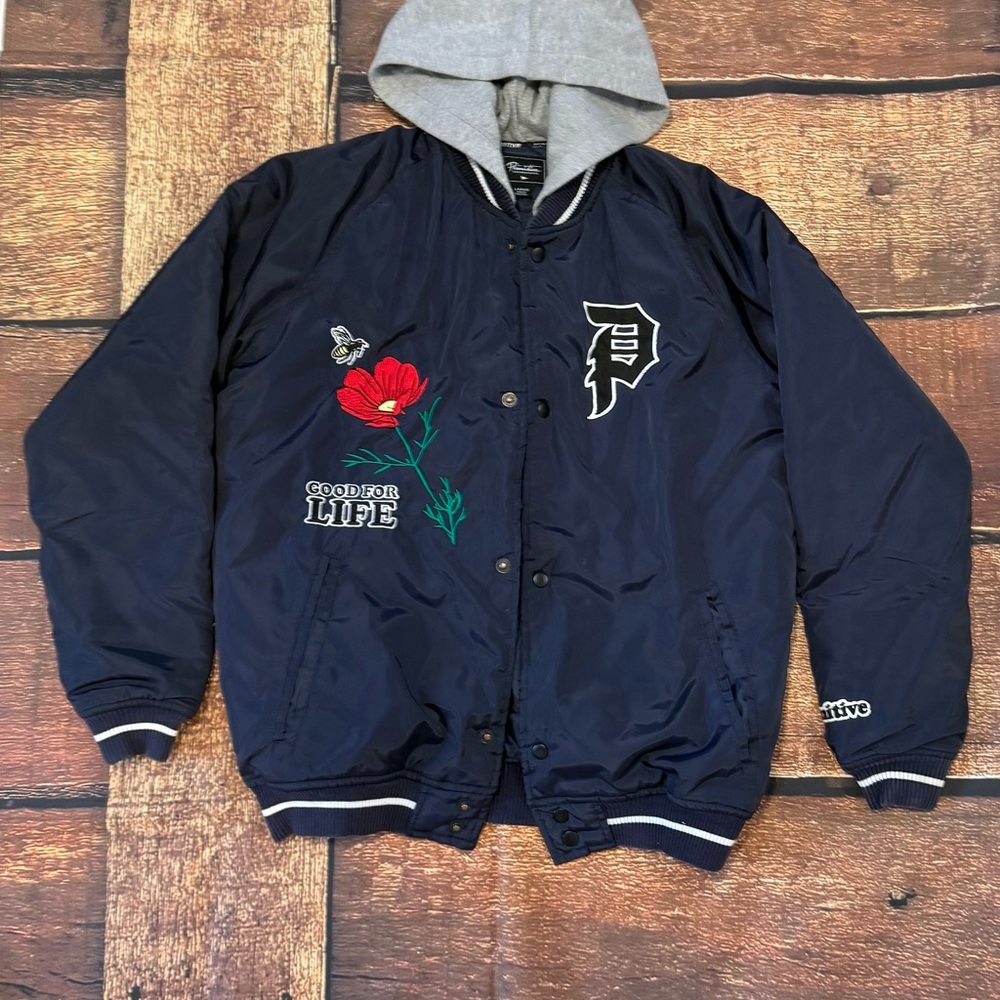 Primitive “Good For Life” Embroidered Navy Varsity Bomber Jacket | Kids Large